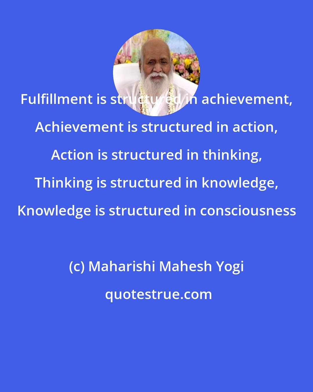 Maharishi Mahesh Yogi: Fulfillment is structured in achievement, Achievement is structured in action, Action is structured in thinking, Thinking is structured in knowledge, Knowledge is structured in consciousness