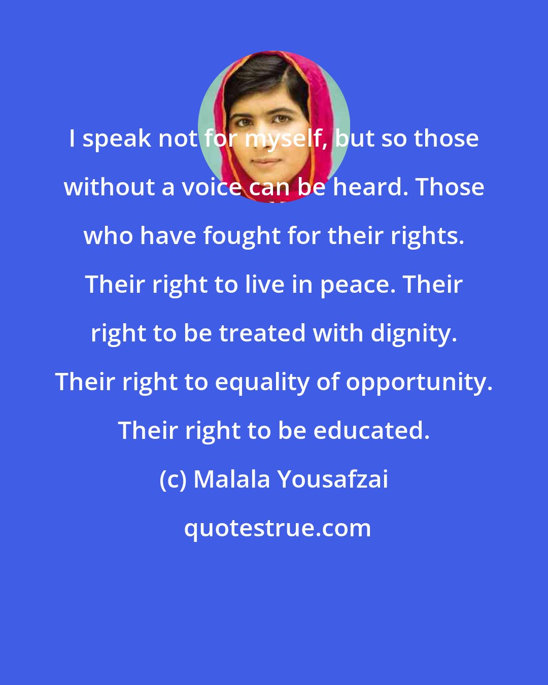 Malala Yousafzai: I speak not for myself, but so those without a voice can be heard. Those who have fought for their rights. Their right to live in peace. Their right to be treated with dignity. Their right to equality of opportunity. Their right to be educated.