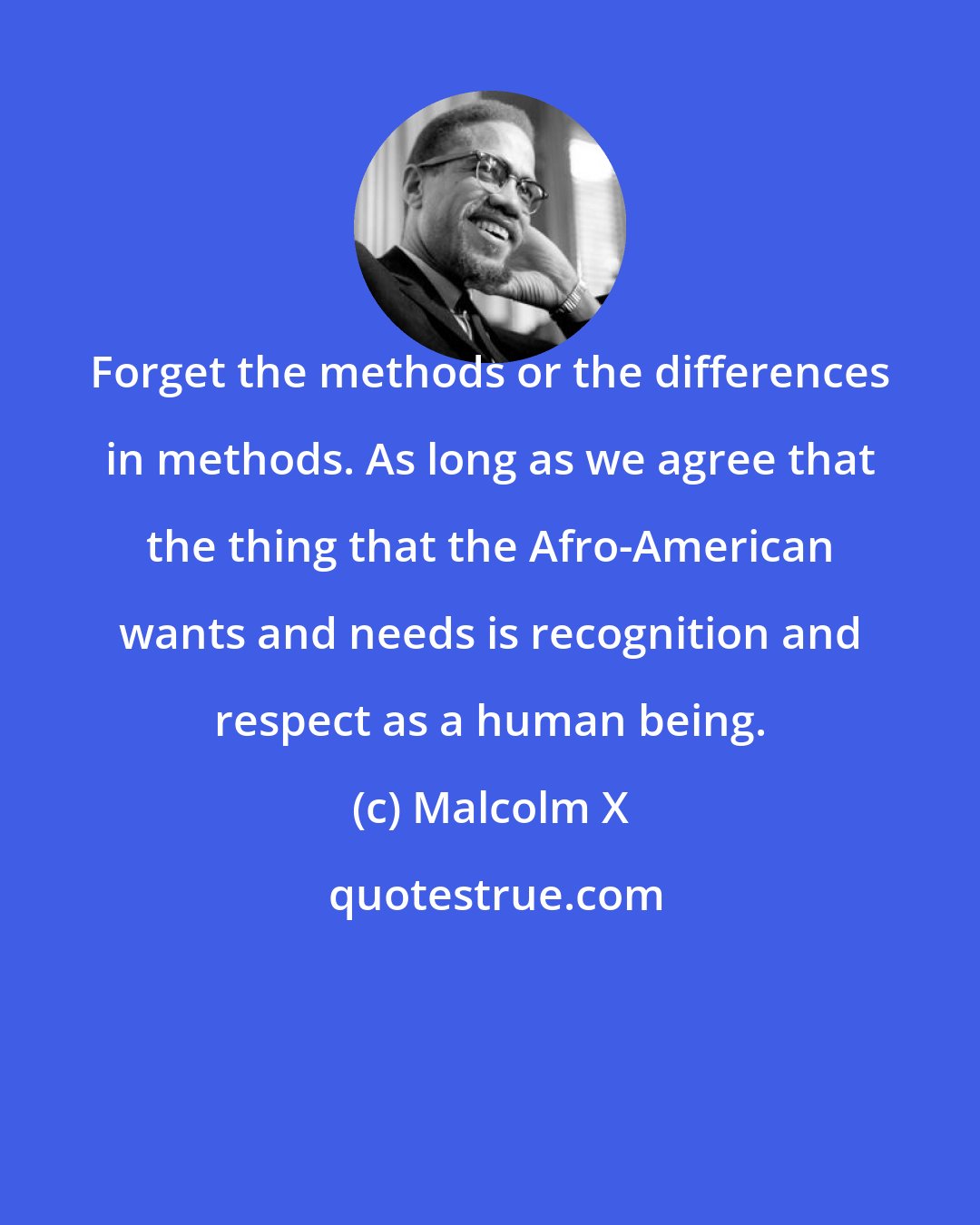 Malcolm X: Forget the methods or the differences in methods. As long as we agree that the thing that the Afro-American wants and needs is recognition and respect as a human being.