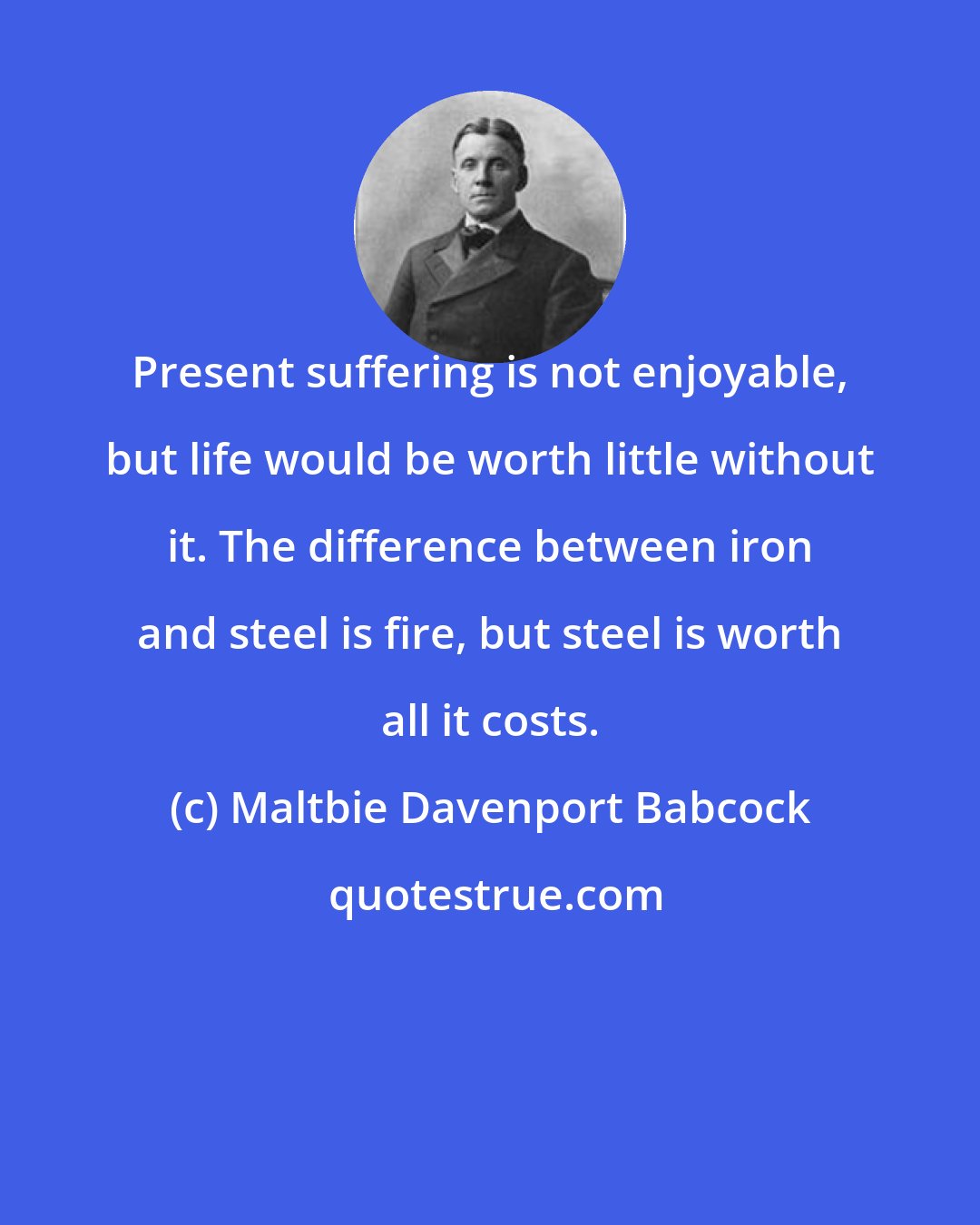 Maltbie Davenport Babcock: Present suffering is not enjoyable, but life would be worth little without it. The difference between iron and steel is fire, but steel is worth all it costs.