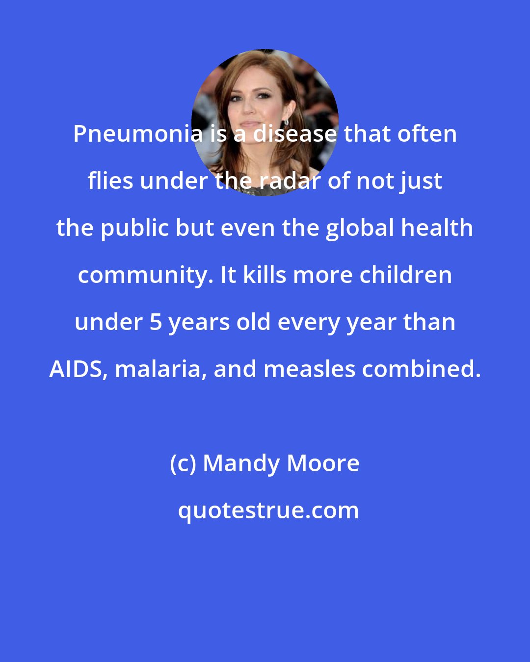 Mandy Moore: Pneumonia is a disease that often flies under the radar of not just the public but even the global health community. It kills more children under 5 years old every year than AIDS, malaria, and measles combined.