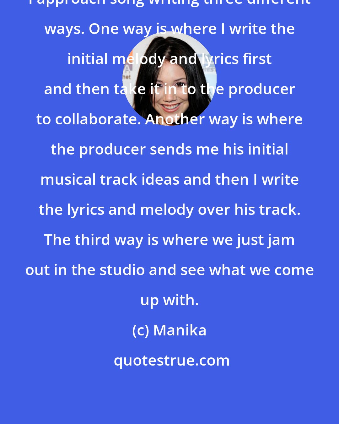 Manika: I approach song writing three different ways. One way is where I write the initial melody and lyrics first and then take it in to the producer to collaborate. Another way is where the producer sends me his initial musical track ideas and then I write the lyrics and melody over his track. The third way is where we just jam out in the studio and see what we come up with.