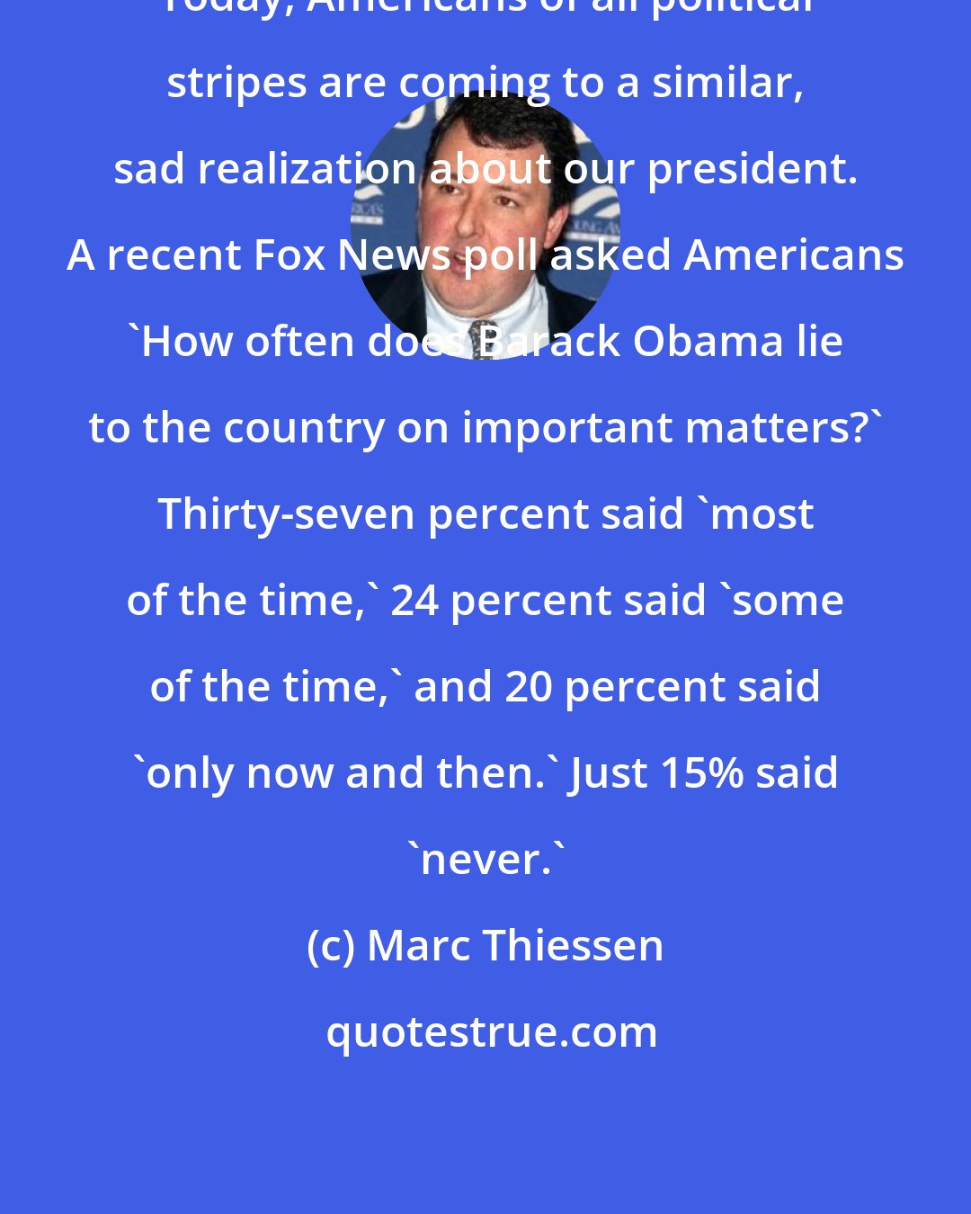 Marc Thiessen: Today, Americans of all political stripes are coming to a similar, sad realization about our president. A recent Fox News poll asked Americans 'How often does Barack Obama lie to the country on important matters?' Thirty-seven percent said 'most of the time,' 24 percent said 'some of the time,' and 20 percent said 'only now and then.' Just 15% said 'never.'