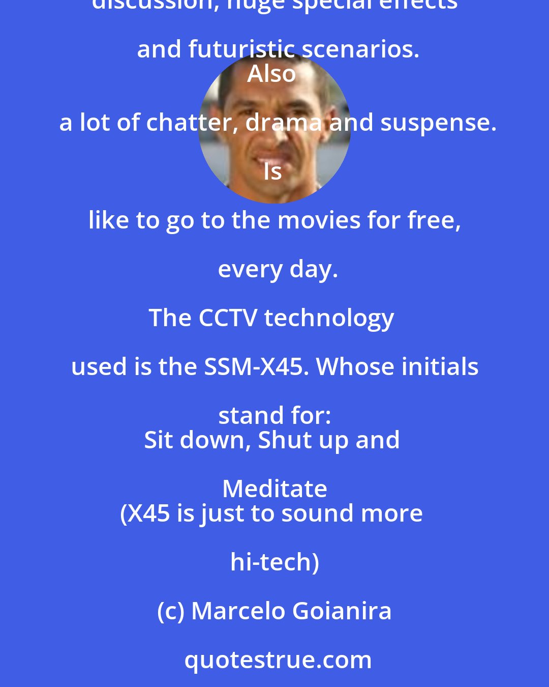 Marcelo Goianira: So, I installed a CCTV system to tape what's going on inside my mind.

Thousands of hours of drama, confusion, discussion, huge special effects and futuristic scenarios.
Also a lot of chatter, drama and suspense.

Is like to go to the movies for free, every day.

The CCTV technology used is the SSM-X45. Whose initials stand for: 
Sit down, Shut up and Meditate 
(X45 is just to sound more hi-tech)
