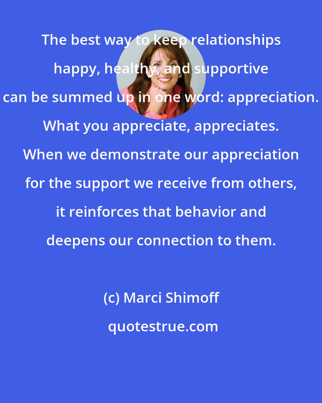 Marci Shimoff: The best way to keep relationships happy, healthy, and supportive can be summed up in one word: appreciation. What you appreciate, appreciates. When we demonstrate our appreciation for the support we receive from others, it reinforces that behavior and deepens our connection to them.