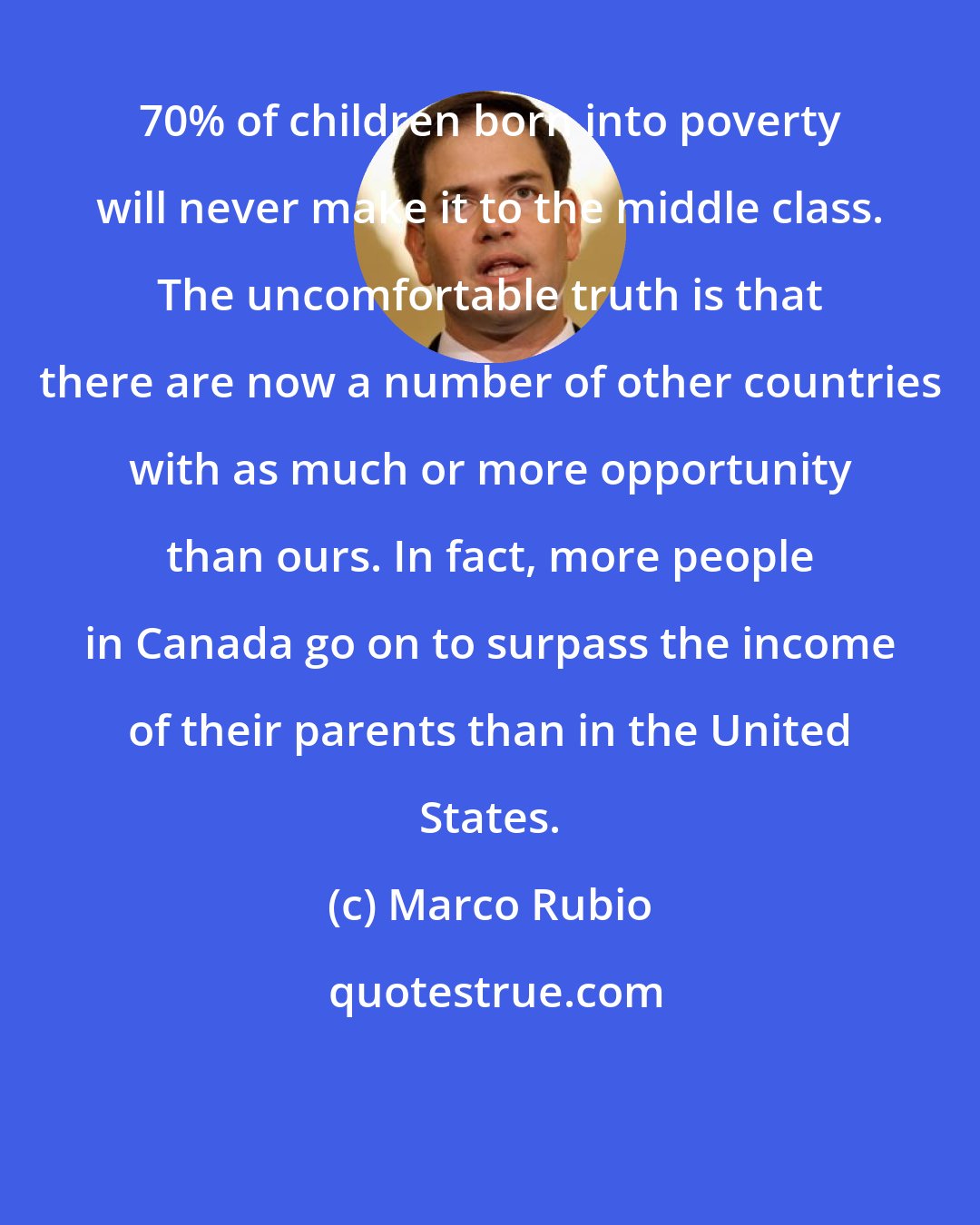 Marco Rubio: 70% of children born into poverty will never make it to the middle class. The uncomfortable truth is that there are now a number of other countries with as much or more opportunity than ours. In fact, more people in Canada go on to surpass the income of their parents than in the United States.