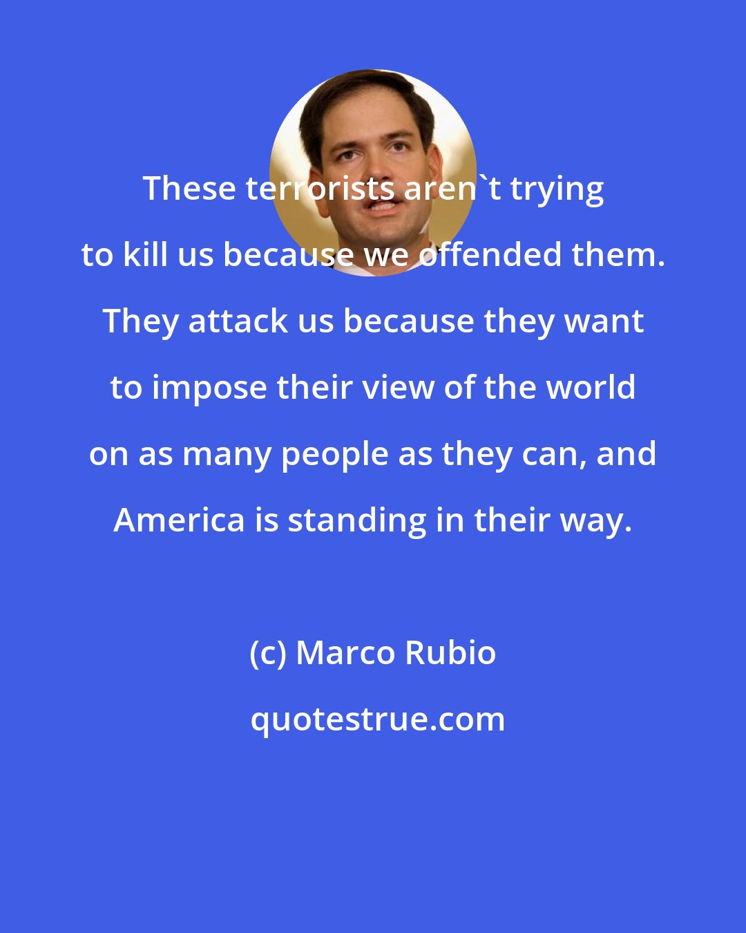 Marco Rubio: These terrorists aren't trying to kill us because we offended them. They attack us because they want to impose their view of the world on as many people as they can, and America is standing in their way.