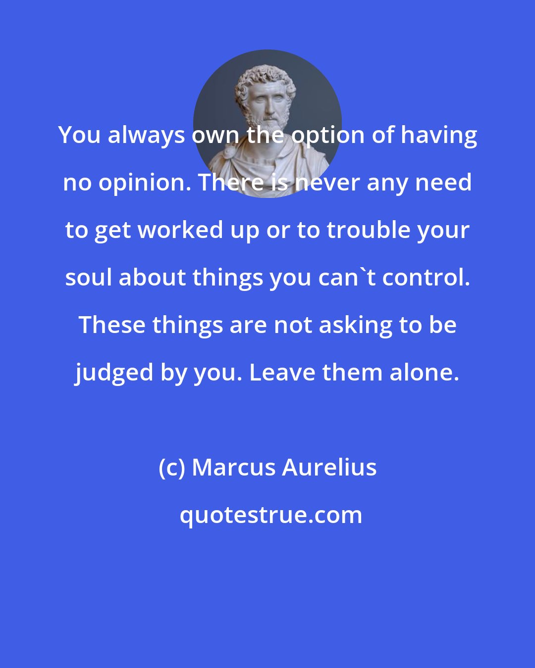 Marcus Aurelius: You always own the option of having no opinion. There is never any need to get worked up or to trouble your soul about things you can't control. These things are not asking to be judged by you. Leave them alone.