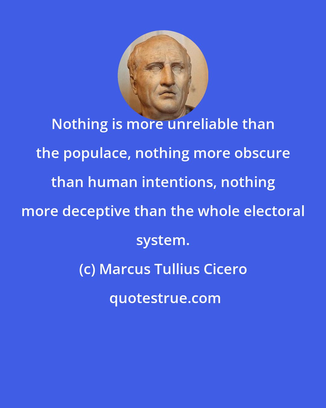 Marcus Tullius Cicero: Nothing is more unreliable than the populace, nothing more obscure than human intentions, nothing more deceptive than the whole electoral system.