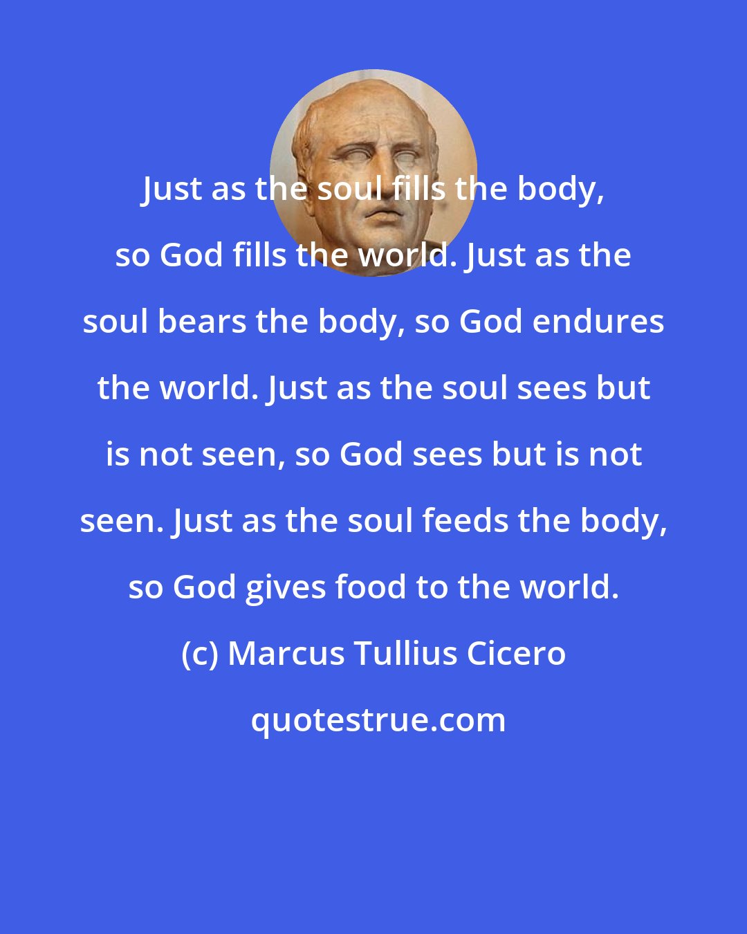Marcus Tullius Cicero: Just as the soul fills the body, so God fills the world. Just as the soul bears the body, so God endures the world. Just as the soul sees but is not seen, so God sees but is not seen. Just as the soul feeds the body, so God gives food to the world.