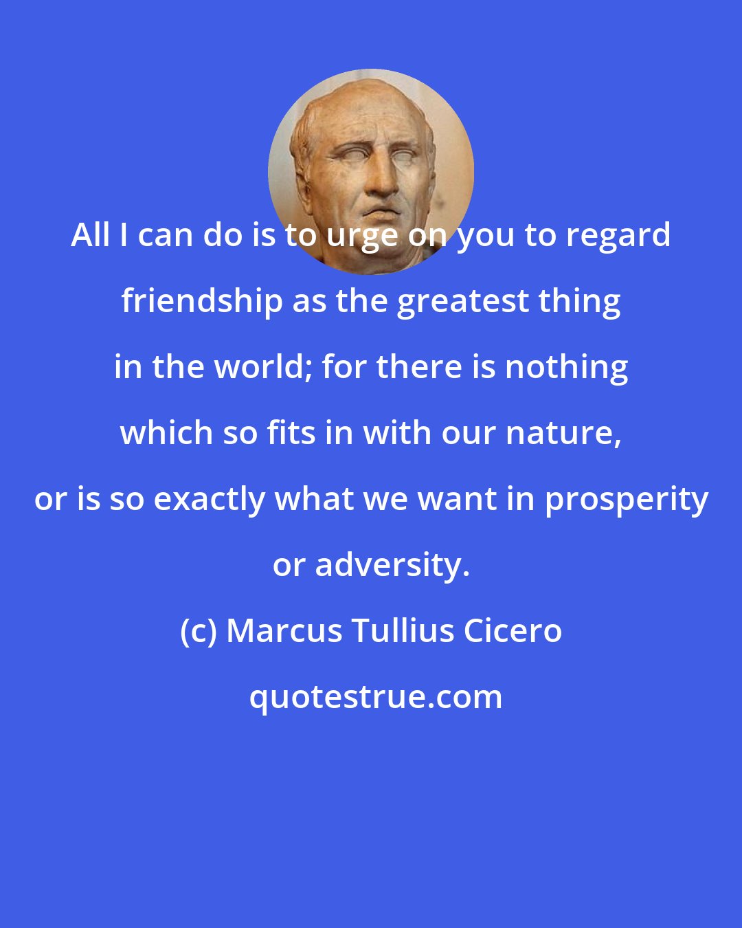 Marcus Tullius Cicero: All I can do is to urge on you to regard friendship as the greatest thing in the world; for there is nothing which so fits in with our nature, or is so exactly what we want in prosperity or adversity.