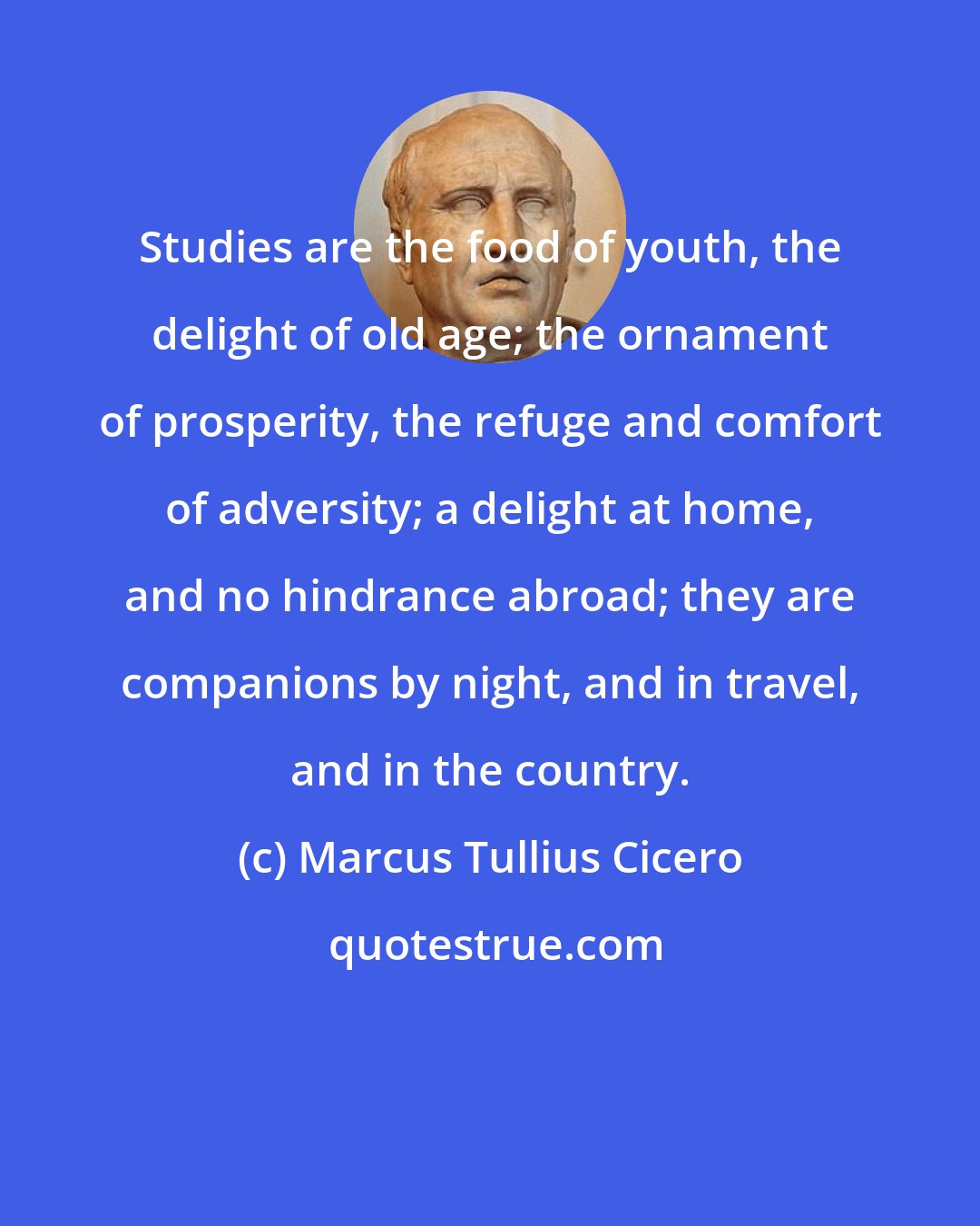 Marcus Tullius Cicero: Studies are the food of youth, the delight of old age; the ornament of prosperity, the refuge and comfort of adversity; a delight at home, and no hindrance abroad; they are companions by night, and in travel, and in the country.