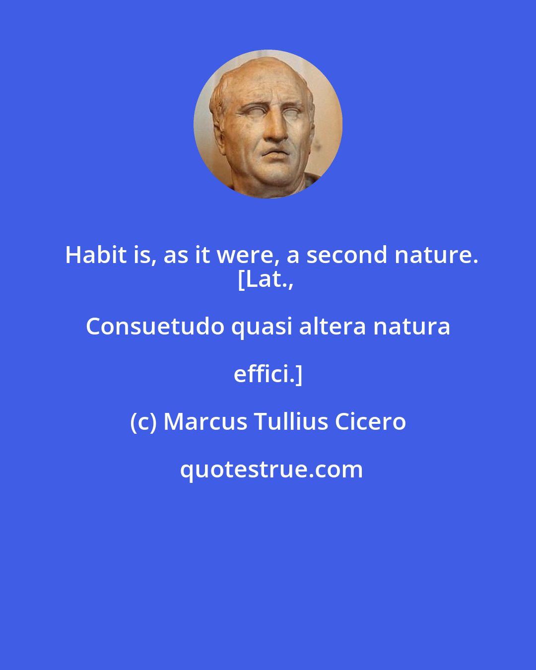 Marcus Tullius Cicero: Habit is, as it were, a second nature.
[Lat., Consuetudo quasi altera natura effici.]