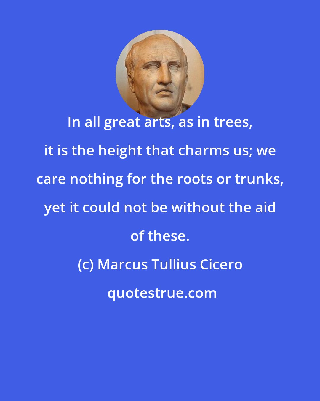 Marcus Tullius Cicero: In all great arts, as in trees, it is the height that charms us; we care nothing for the roots or trunks, yet it could not be without the aid of these.