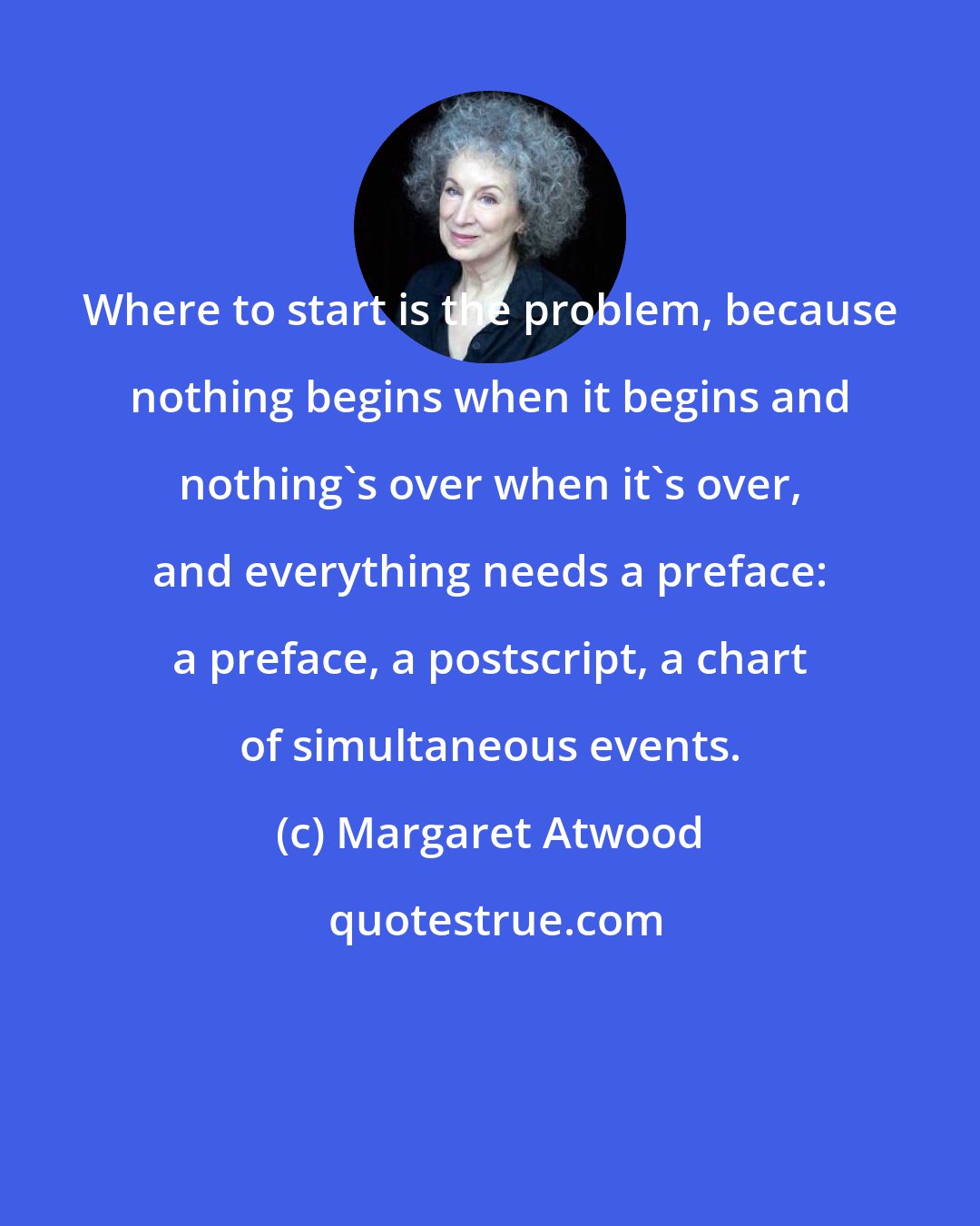 Margaret Atwood: Where to start is the problem, because nothing begins when it begins and nothing's over when it's over, and everything needs a preface: a preface, a postscript, a chart of simultaneous events.