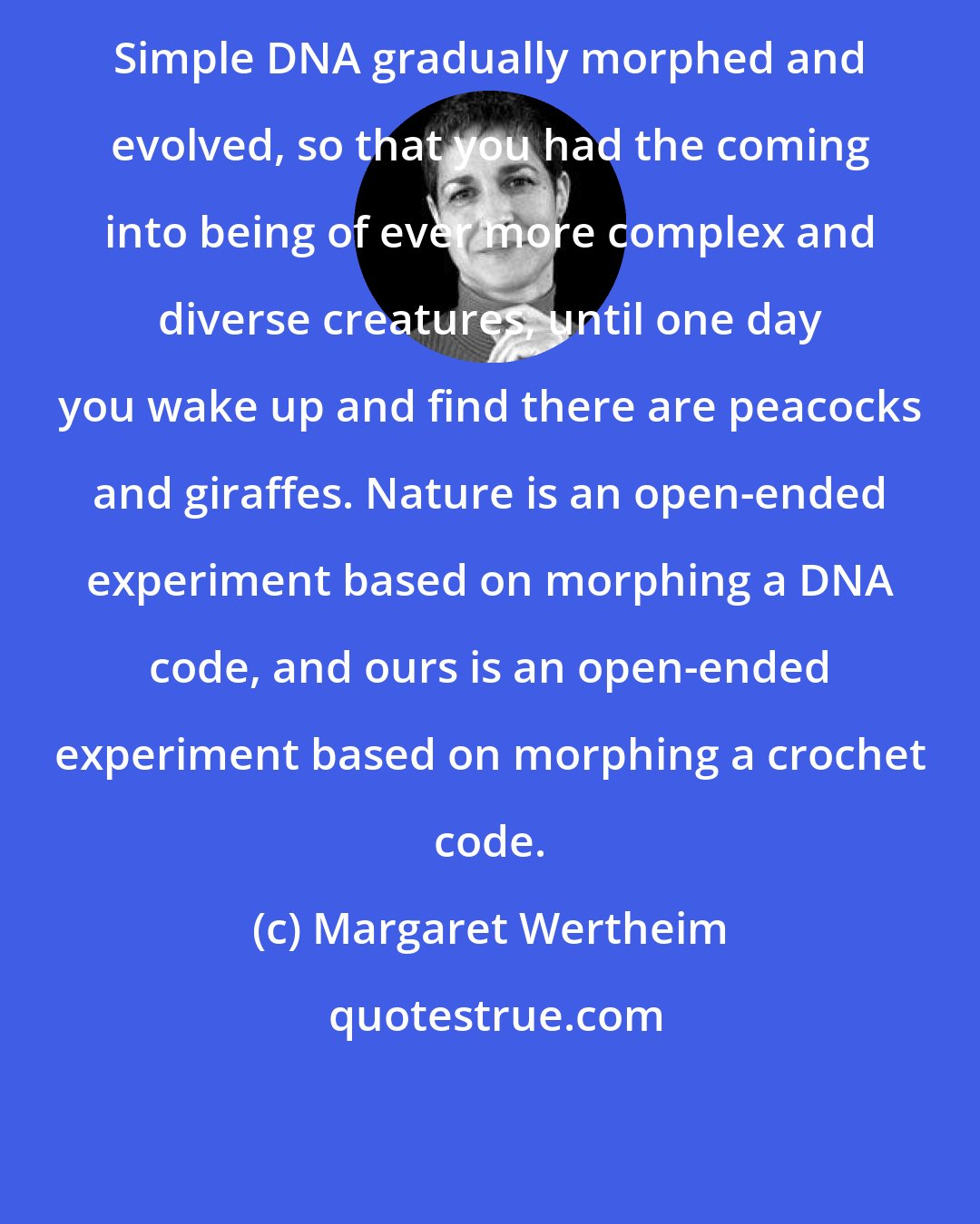 Margaret Wertheim: Simple DNA gradually morphed and evolved, so that you had the coming into being of ever more complex and diverse creatures, until one day you wake up and find there are peacocks and giraffes. Nature is an open-ended experiment based on morphing a DNA code, and ours is an open-ended experiment based on morphing a crochet code.