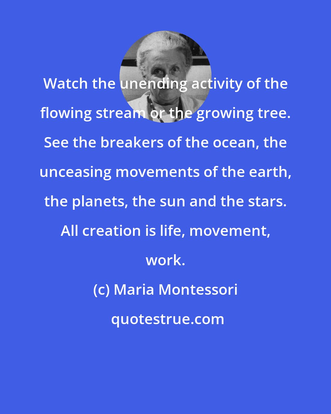 Maria Montessori: Watch the unending activity of the flowing stream or the growing tree. See the breakers of the ocean, the unceasing movements of the earth, the planets, the sun and the stars. All creation is life, movement, work.