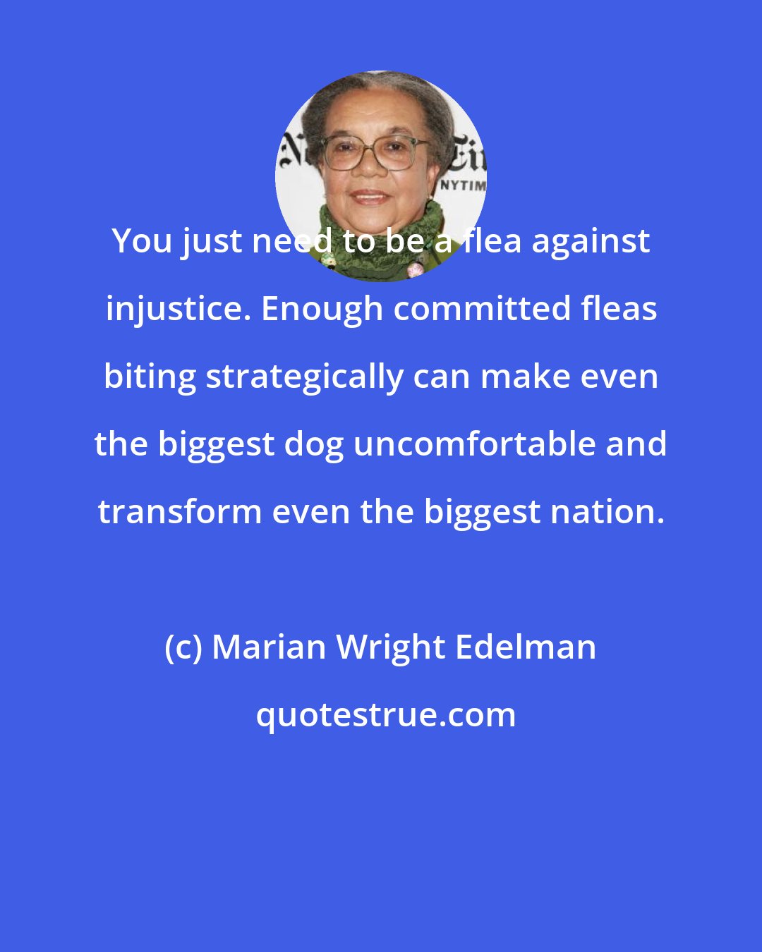 Marian Wright Edelman: You just need to be a flea against injustice. Enough committed fleas biting strategically can make even the biggest dog uncomfortable and transform even the biggest nation.