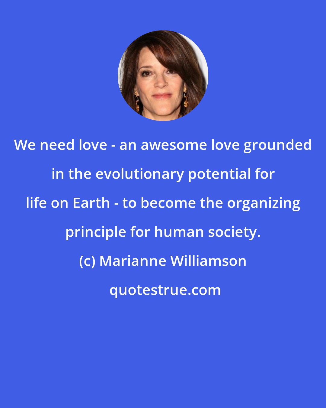 Marianne Williamson: We need love - an awesome love grounded in the evolutionary potential for life on Earth - to become the organizing principle for human society.