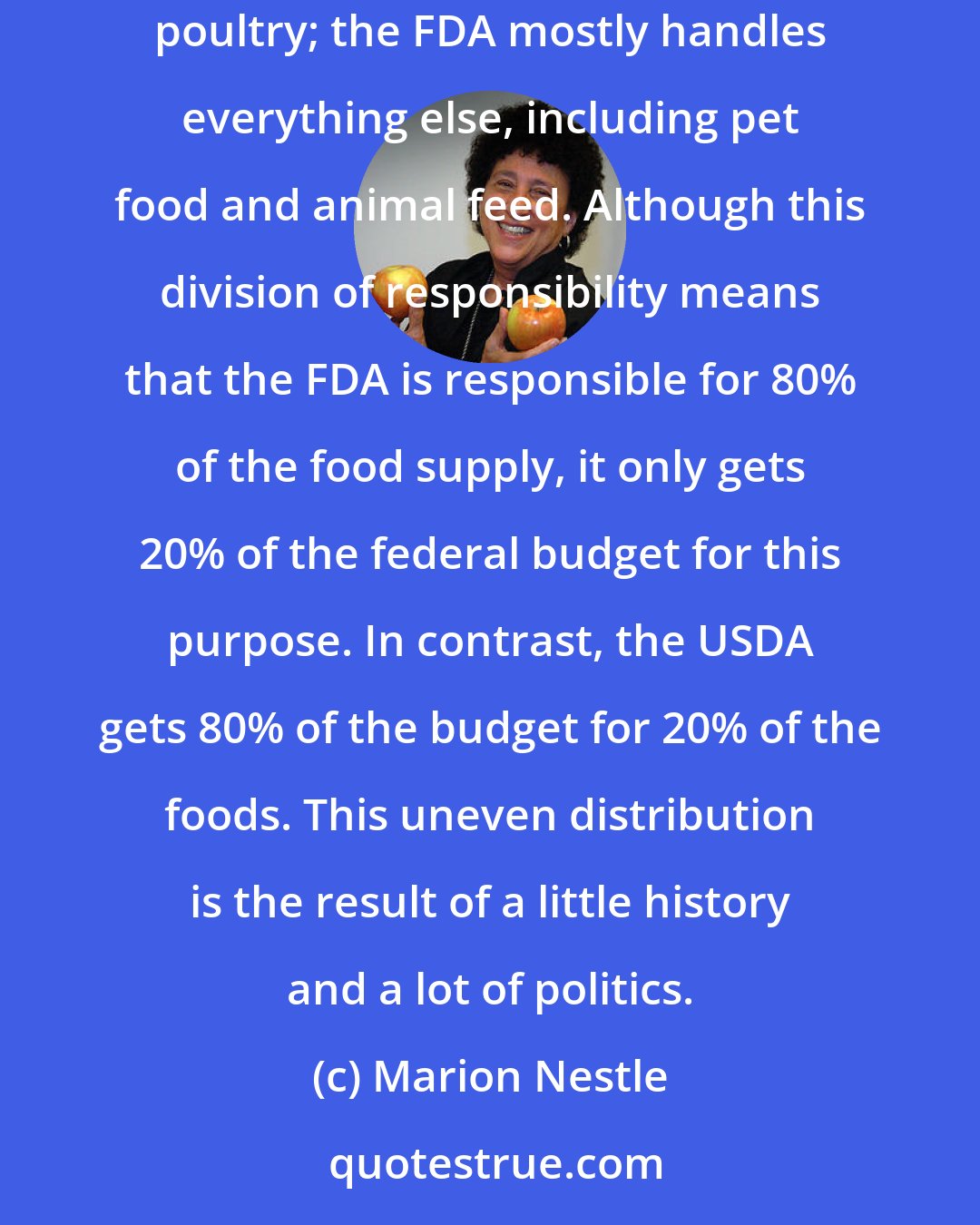 Marion Nestle: Food safety oversight is largely, but not exclusively, divided between two agencies, the FDA and the USDA. The USDA mostly oversees meat and poultry; the FDA mostly handles everything else, including pet food and animal feed. Although this division of responsibility means that the FDA is responsible for 80% of the food supply, it only gets 20% of the federal budget for this purpose. In contrast, the USDA gets 80% of the budget for 20% of the foods. This uneven distribution is the result of a little history and a lot of politics.