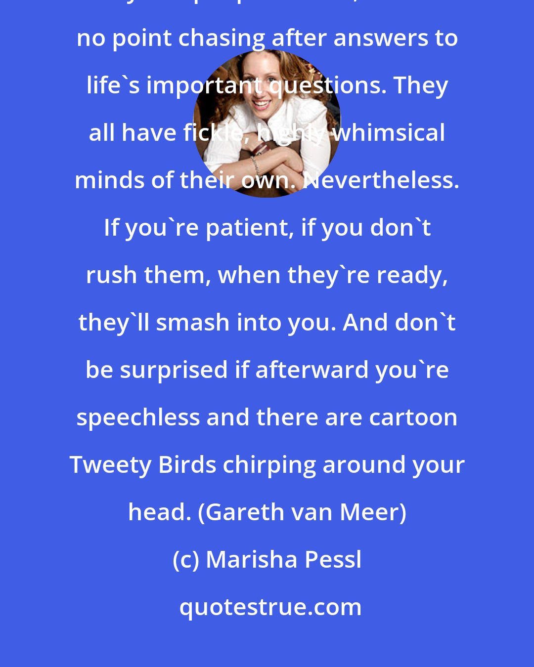 Marisha Pessl: Man's wobbly little mind isn't equipped for hauling around the great unknowns. Very few people realize, there's no point chasing after answers to life's important questions. They all have fickle, highly whimsical minds of their own. Nevertheless. If you're patient, if you don't rush them, when they're ready, they'll smash into you. And don't be surprised if afterward you're speechless and there are cartoon Tweety Birds chirping around your head. (Gareth van Meer)