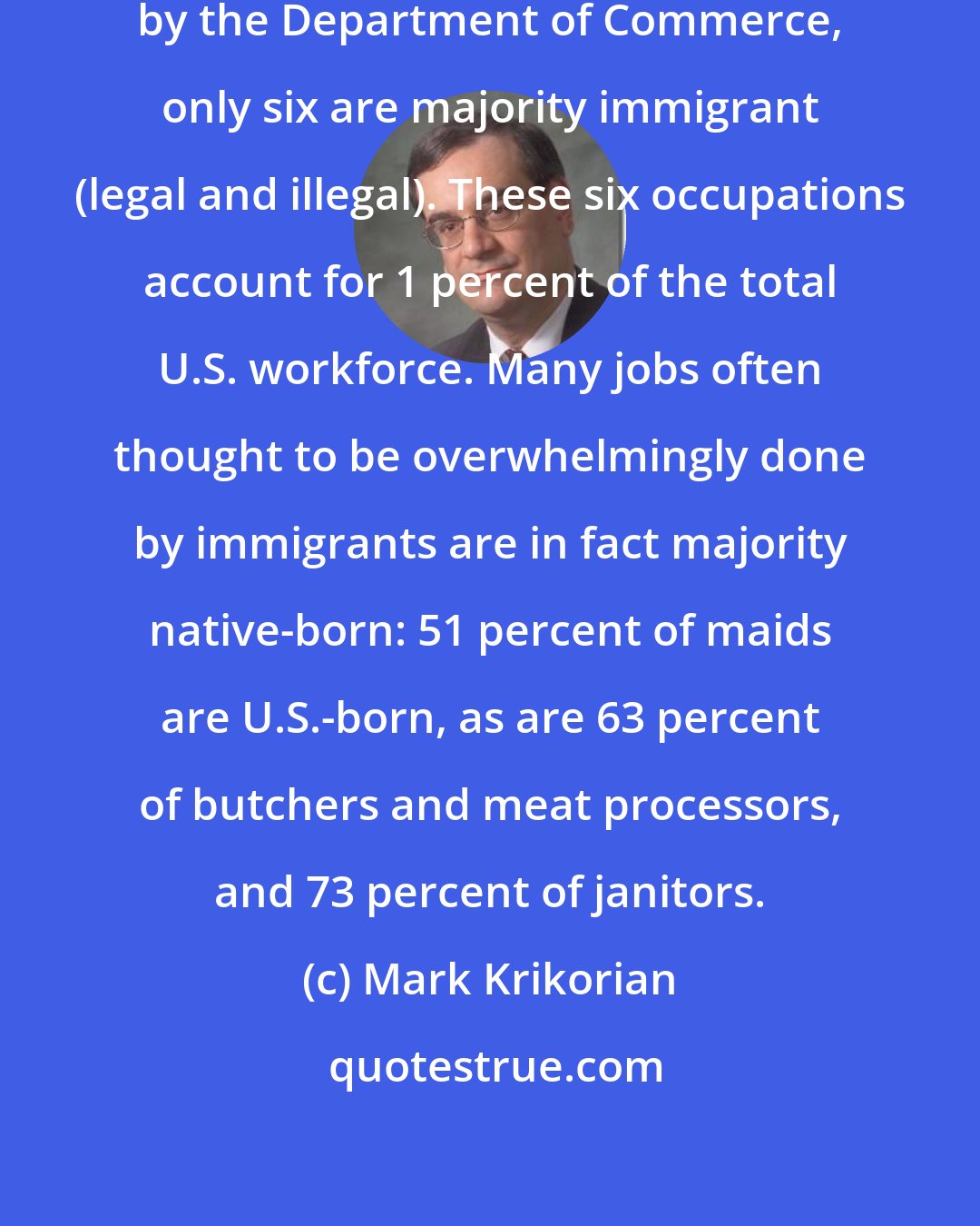 Mark Krikorian: Of 472 civilian occupations defined by the Department of Commerce, only six are majority immigrant (legal and illegal). These six occupations account for 1 percent of the total U.S. workforce. Many jobs often thought to be overwhelmingly done by immigrants are in fact majority native-born: 51 percent of maids are U.S.-born, as are 63 percent of butchers and meat processors, and 73 percent of janitors.