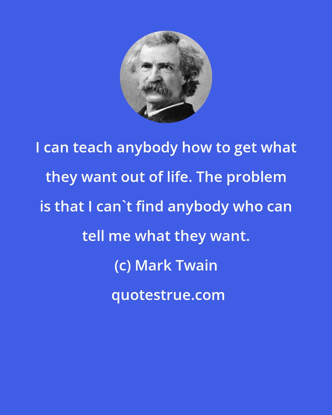 Mark Twain: I can teach anybody how to get what they want out of life. The problem is that I can't find anybody who can tell me what they want.