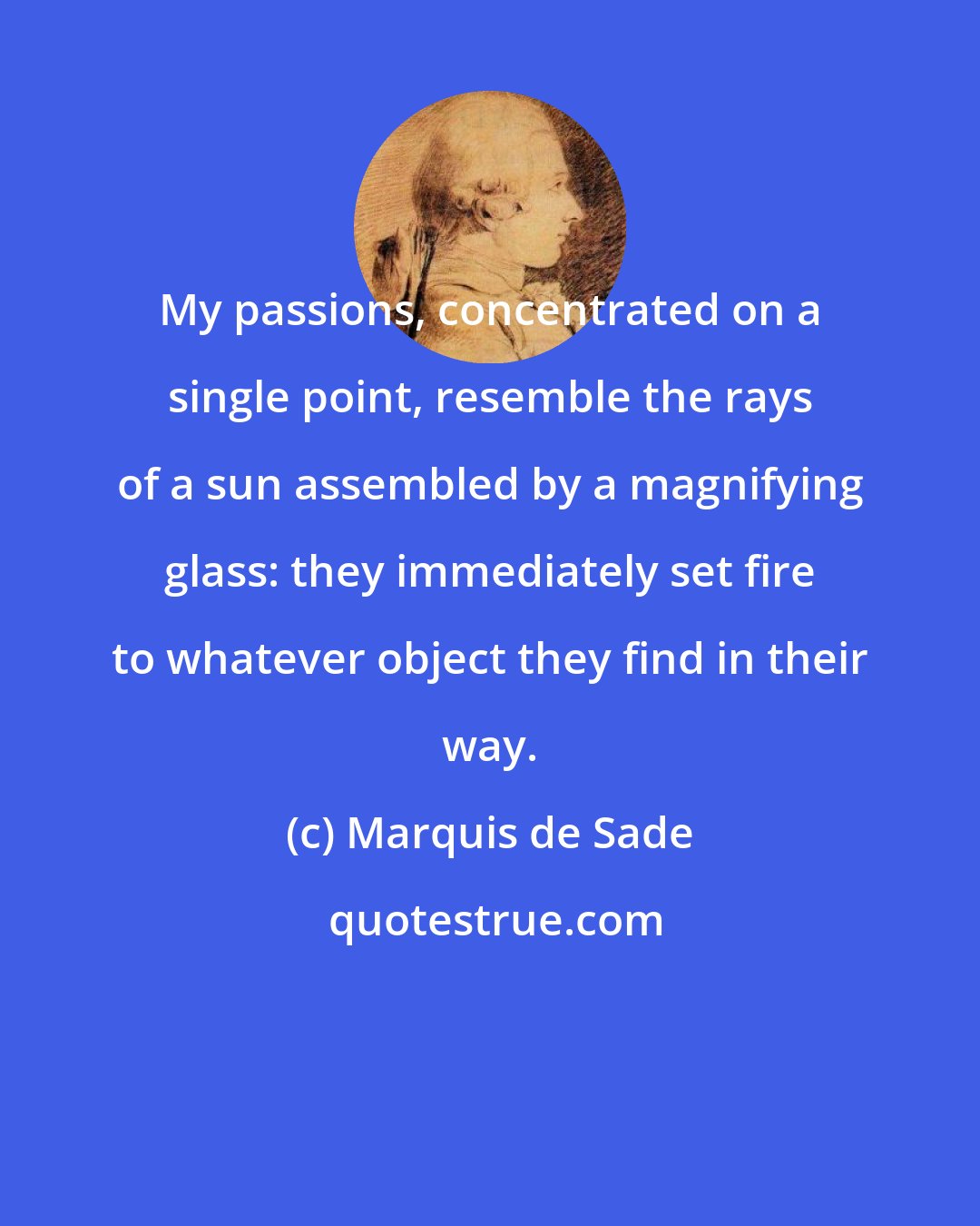 Marquis de Sade: My passions, concentrated on a single point, resemble the rays of a sun assembled by a magnifying glass: they immediately set fire to whatever object they find in their way.