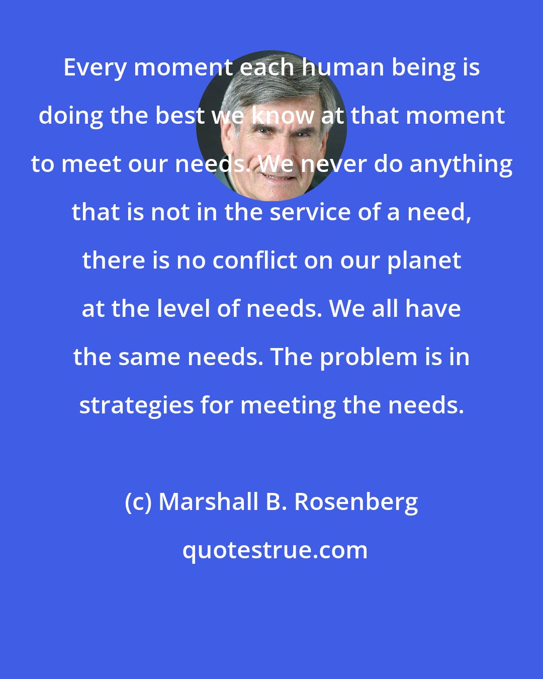 Marshall B. Rosenberg: Every moment each human being is doing the best we know at that moment to meet our needs. We never do anything that is not in the service of a need, there is no conflict on our planet at the level of needs. We all have the same needs. The problem is in strategies for meeting the needs.