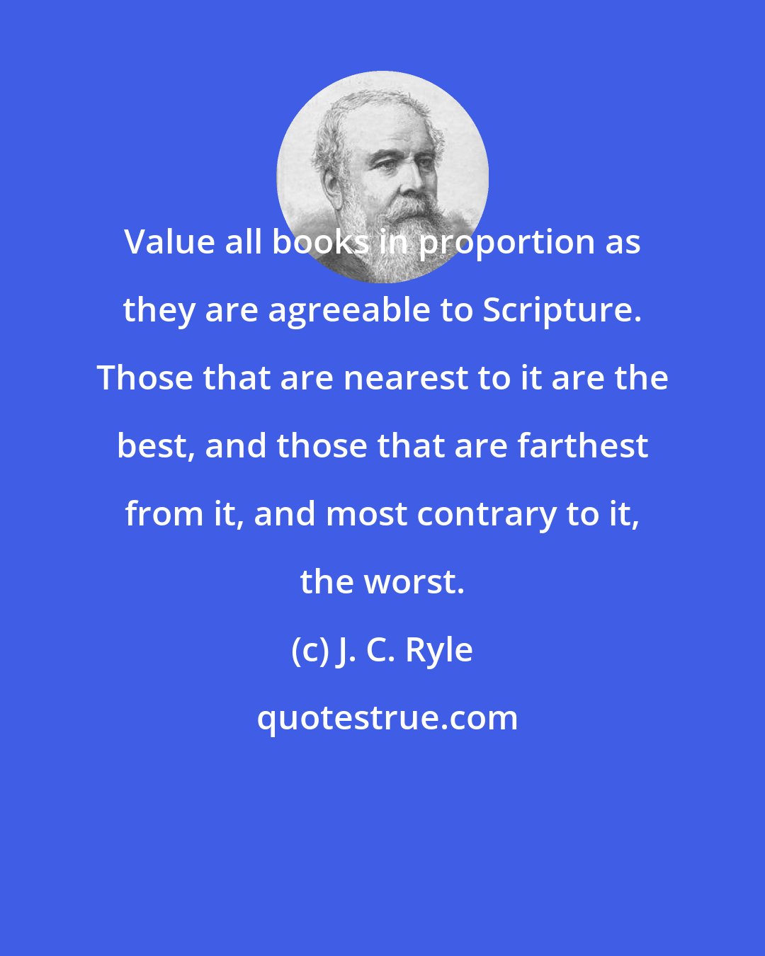 J. C. Ryle: Value all books in proportion as they are agreeable to Scripture. Those that are nearest to it are the best, and those that are farthest from it, and most contrary to it, the worst.