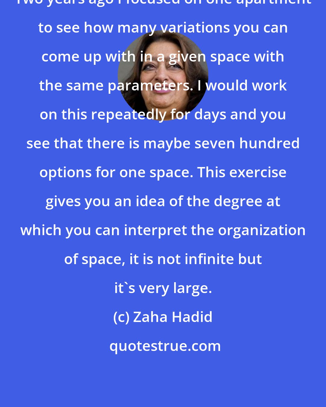 Zaha Hadid: Two years ago I focused on one apartment to see how many variations you can come up with in a given space with the same parameters. I would work on this repeatedly for days and you see that there is maybe seven hundred options for one space. This exercise gives you an idea of the degree at which you can interpret the organization of space, it is not infinite but it's very large.