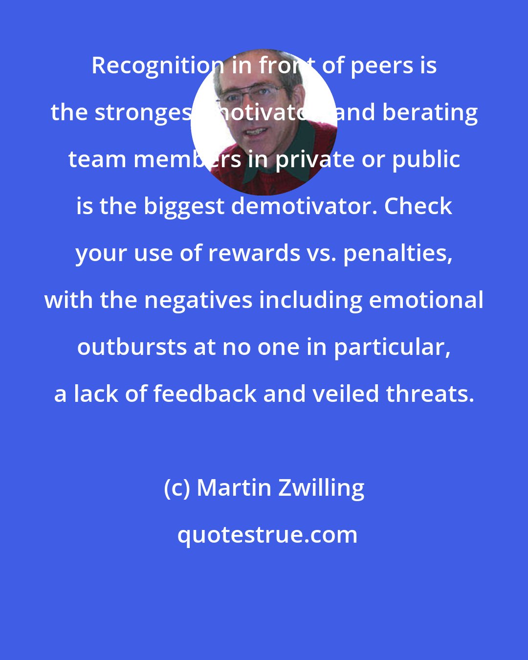 Martin Zwilling: Recognition in front of peers is the strongest motivator, and berating team members in private or public is the biggest demotivator. Check your use of rewards vs. penalties, with the negatives including emotional outbursts at no one in particular, a lack of feedback and veiled threats.