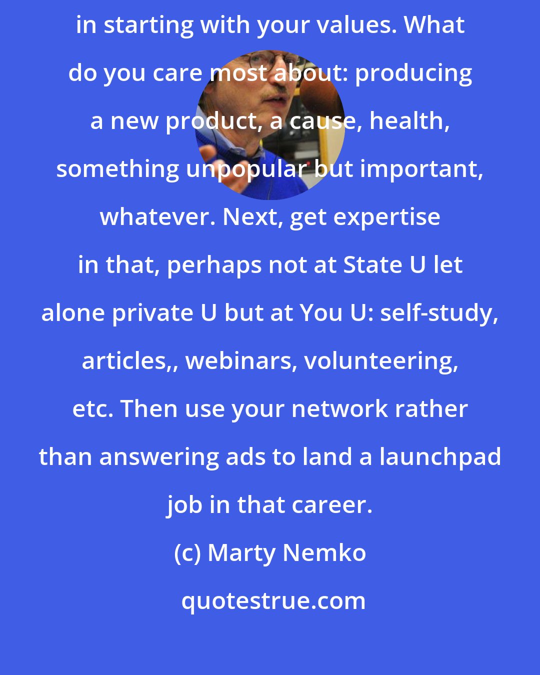 Marty Nemko: If you don't know what career you'd change to, I've come to believe in starting with your values. What do you care most about: producing a new product, a cause, health, something unpopular but important, whatever. Next, get expertise in that, perhaps not at State U let alone private U but at You U: self-study, articles,, webinars, volunteering, etc. Then use your network rather than answering ads to land a launchpad job in that career.