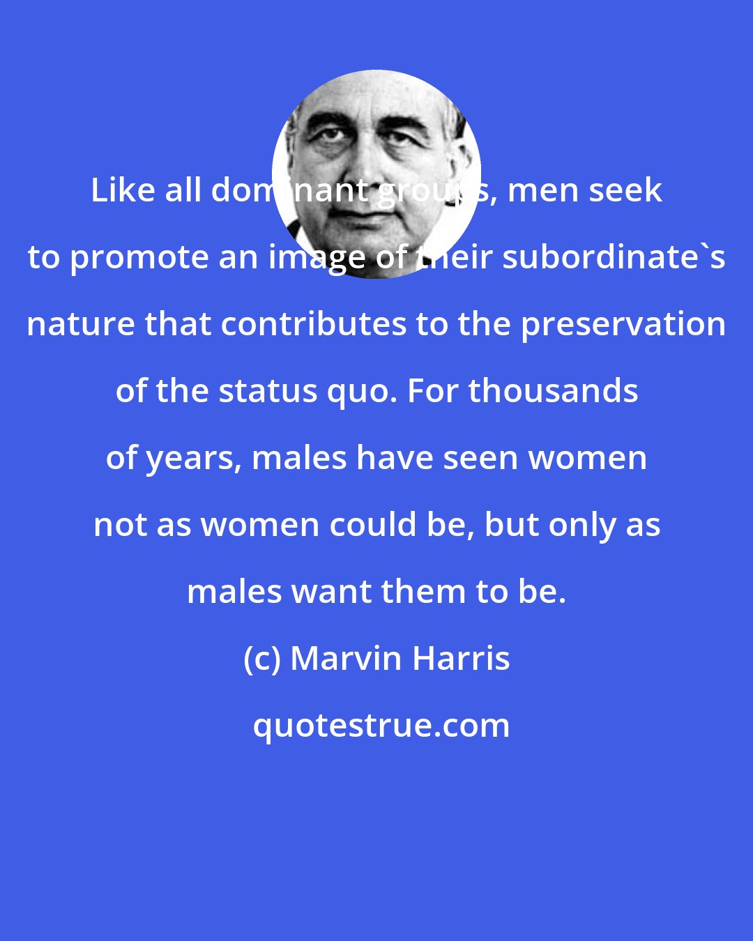 Marvin Harris: Like all dominant groups, men seek to promote an image of their subordinate's nature that contributes to the preservation of the status quo. For thousands of years, males have seen women not as women could be, but only as males want them to be.