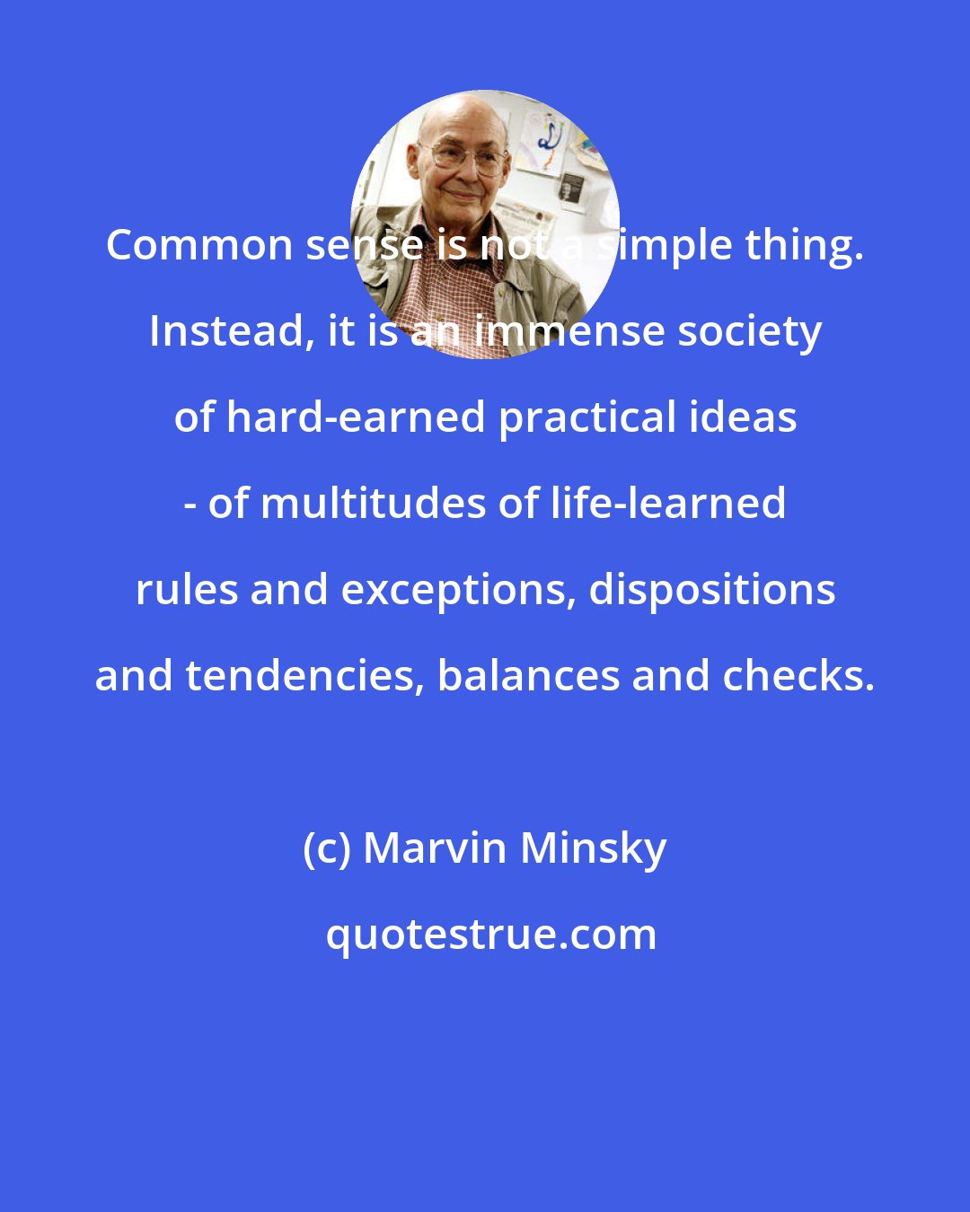 Marvin Minsky: Common sense is not a simple thing. Instead, it is an immense society of hard-earned practical ideas - of multitudes of life-learned rules and exceptions, dispositions and tendencies, balances and checks.