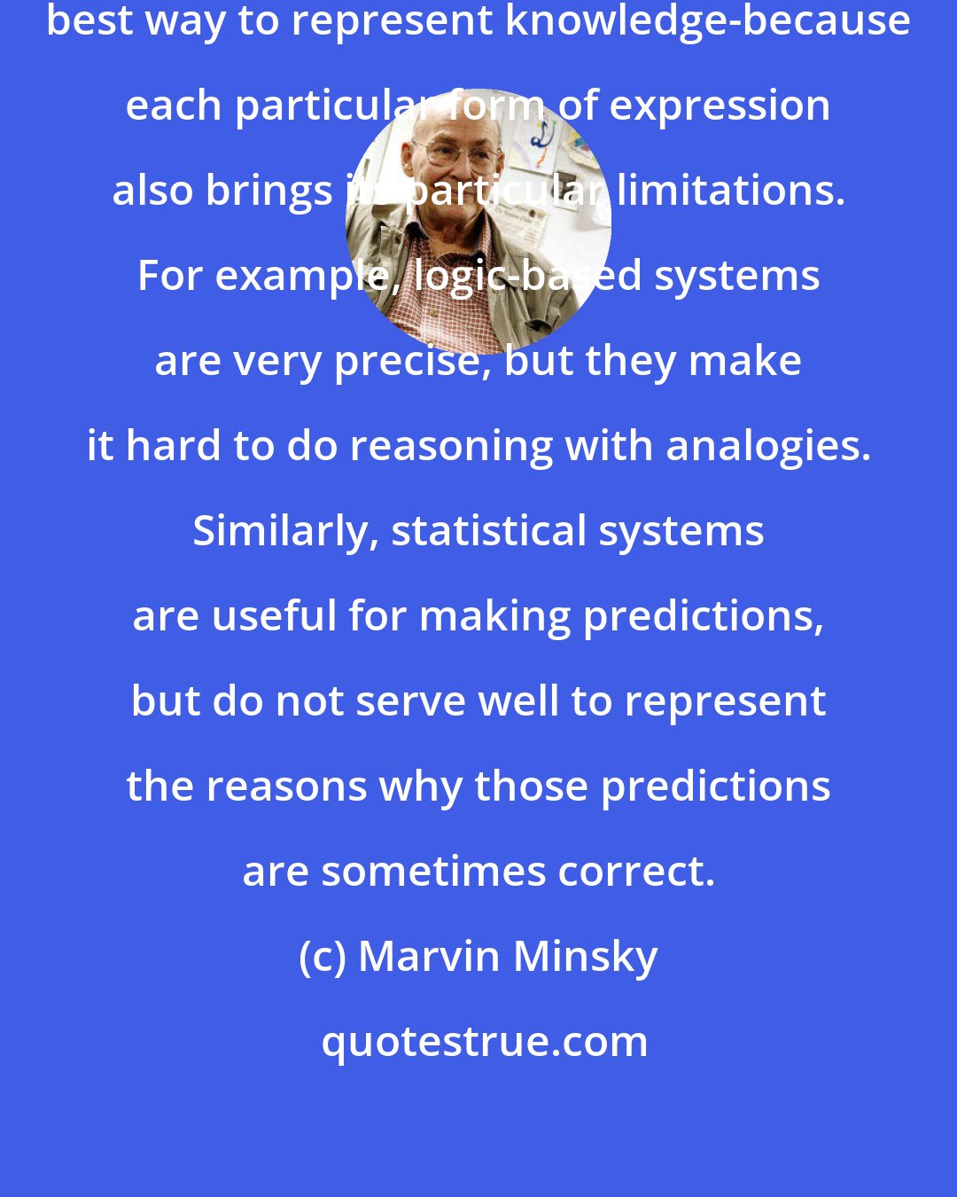 Marvin Minsky: It makes no sense to seek a single best way to represent knowledge-because each particular form of expression also brings its particular limitations. For example, logic-based systems are very precise, but they make it hard to do reasoning with analogies. Similarly, statistical systems are useful for making predictions, but do not serve well to represent the reasons why those predictions are sometimes correct.