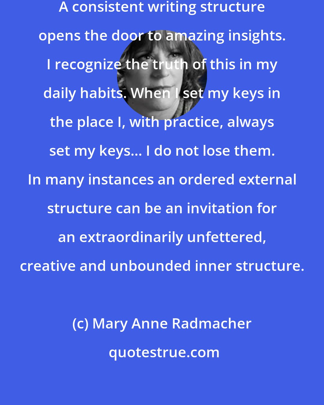 Mary Anne Radmacher: I recognize this in my writing process. A consistent writing structure opens the door to amazing insights. I recognize the truth of this in my daily habits. When I set my keys in the place I, with practice, always set my keys... I do not lose them. In many instances an ordered external structure can be an invitation for an extraordinarily unfettered, creative and unbounded inner structure.