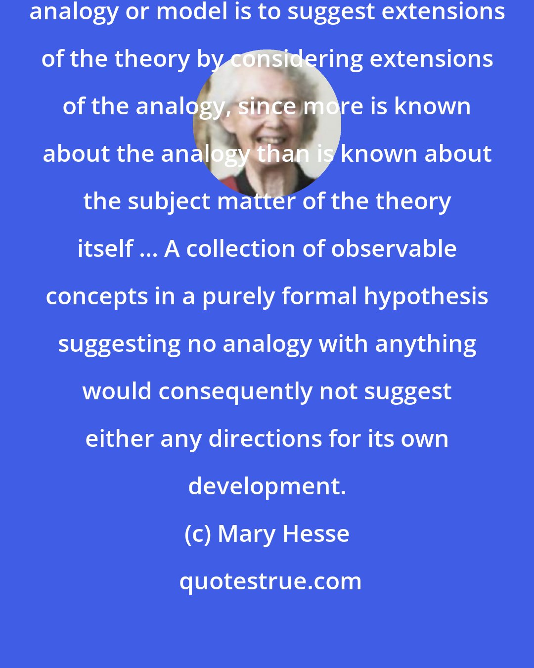 Mary Hesse: ... one of the main functions of an analogy or model is to suggest extensions of the theory by considering extensions of the analogy, since more is known about the analogy than is known about the subject matter of the theory itself ... A collection of observable concepts in a purely formal hypothesis suggesting no analogy with anything would consequently not suggest either any directions for its own development.