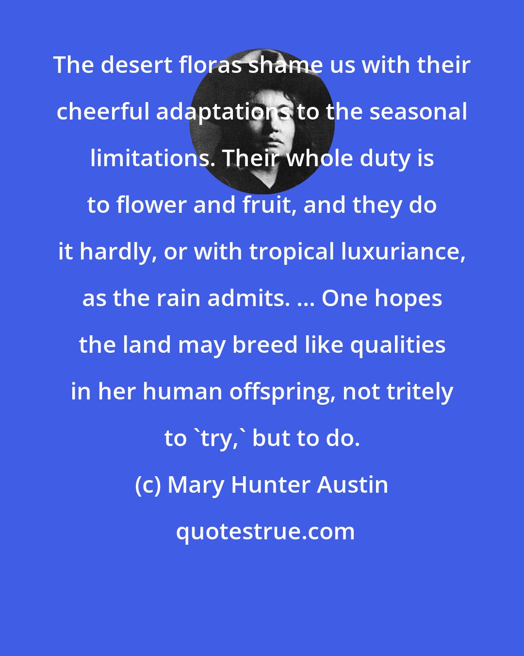 Mary Hunter Austin: The desert floras shame us with their cheerful adaptations to the seasonal limitations. Their whole duty is to flower and fruit, and they do it hardly, or with tropical luxuriance, as the rain admits. ... One hopes the land may breed like qualities in her human offspring, not tritely to 'try,' but to do.