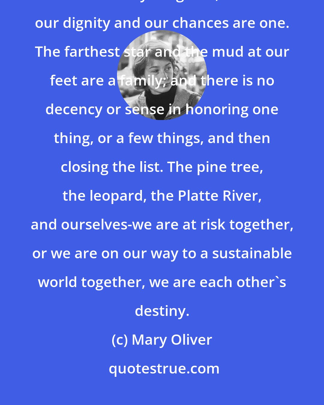Mary Oliver: I would say that there exists a thousand unbreakable links between each of us and everything else, and that our dignity and our chances are one. The farthest star and the mud at our feet are a family; and there is no decency or sense in honoring one thing, or a few things, and then closing the list. The pine tree, the leopard, the Platte River, and ourselves-we are at risk together, or we are on our way to a sustainable world together, we are each other's destiny.