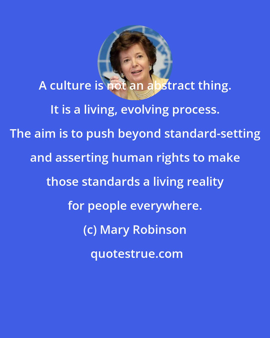 Mary Robinson: A culture is not an abstract thing. It is a living, evolving process. The aim is to push beyond standard-setting and asserting human rights to make those standards a living reality for people everywhere.