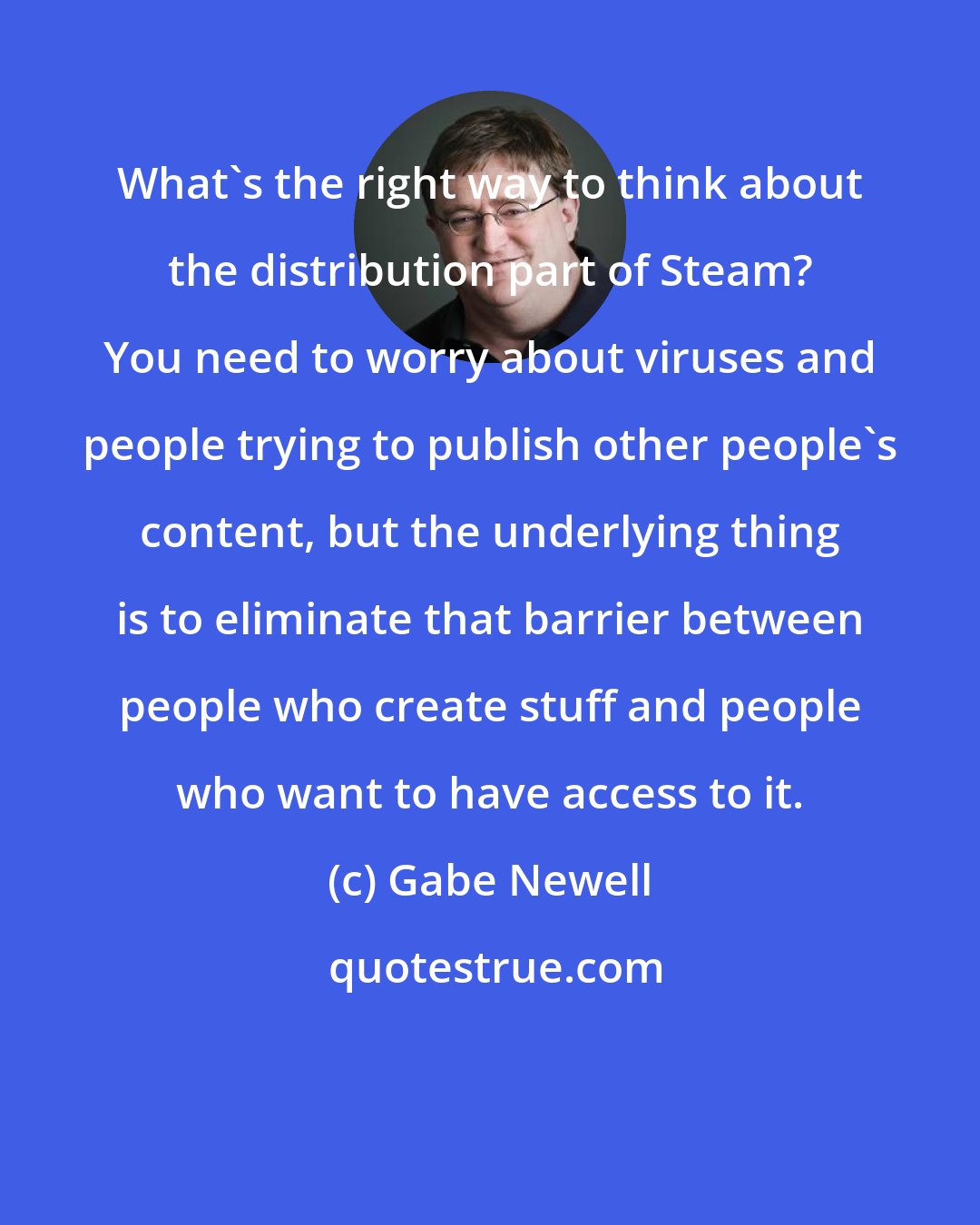 Gabe Newell: What's the right way to think about the distribution part of Steam? You need to worry about viruses and people trying to publish other people's content, but the underlying thing is to eliminate that barrier between people who create stuff and people who want to have access to it.