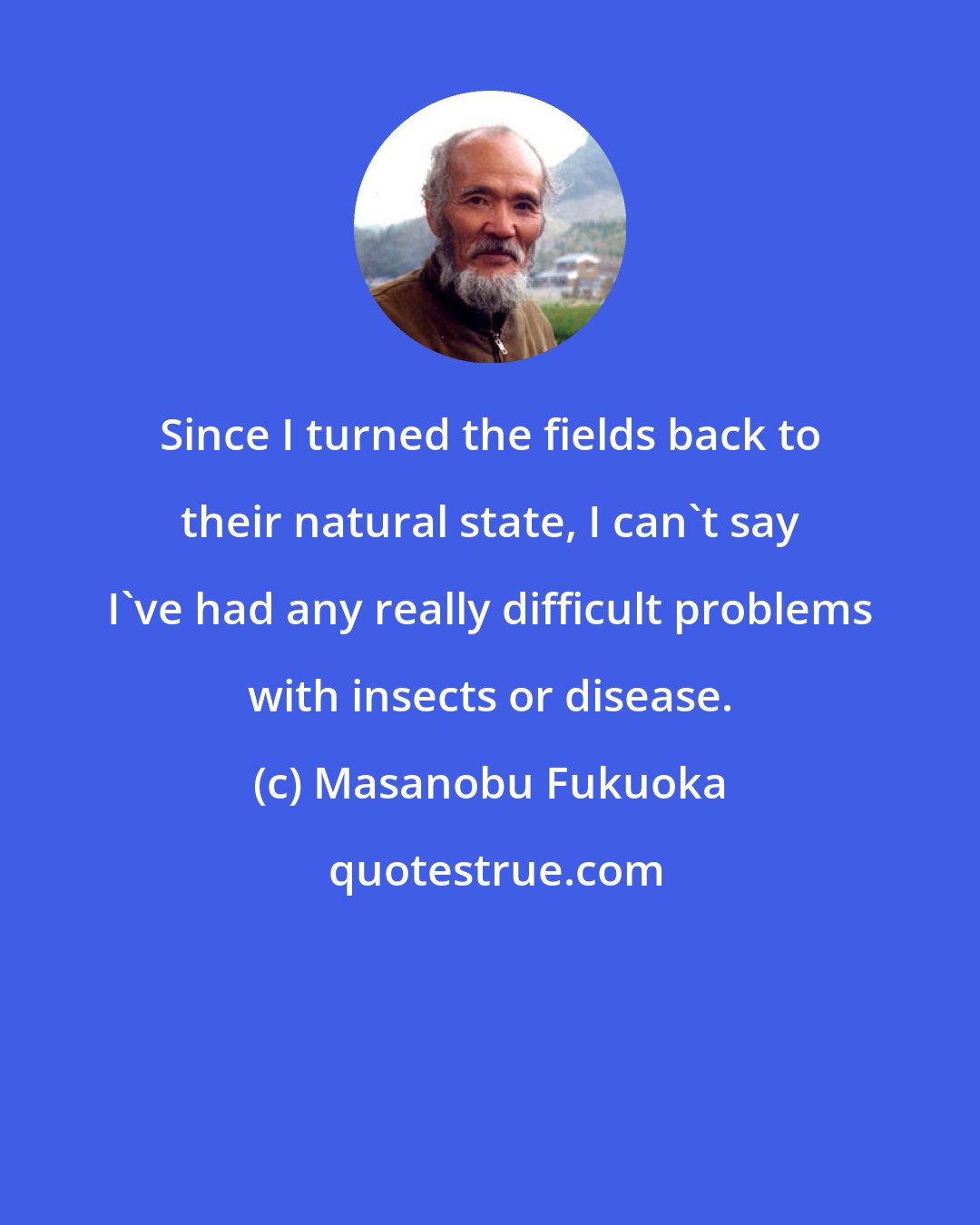 Masanobu Fukuoka: Since I turned the fields back to their natural state, I can't say I've had any really difficult problems with insects or disease.