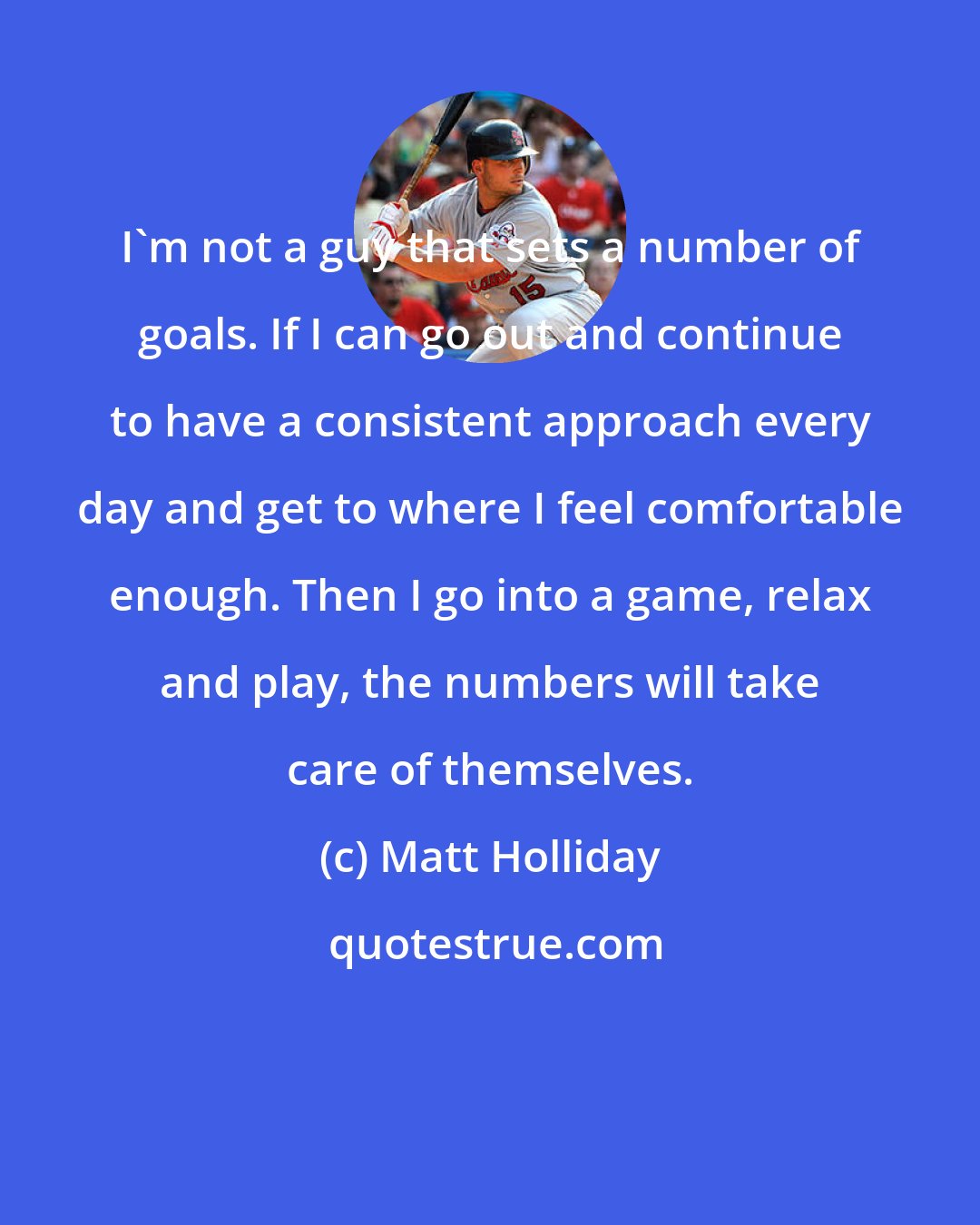 Matt Holliday: I'm not a guy that sets a number of goals. If I can go out and continue to have a consistent approach every day and get to where I feel comfortable enough. Then I go into a game, relax and play, the numbers will take care of themselves.