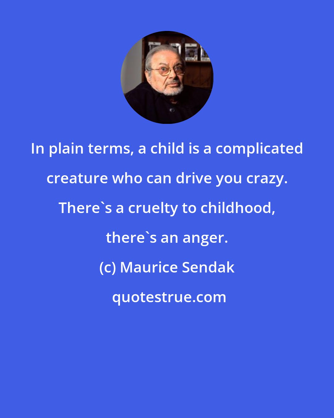 Maurice Sendak: In plain terms, a child is a complicated creature who can drive you crazy. There's a cruelty to childhood, there's an anger.