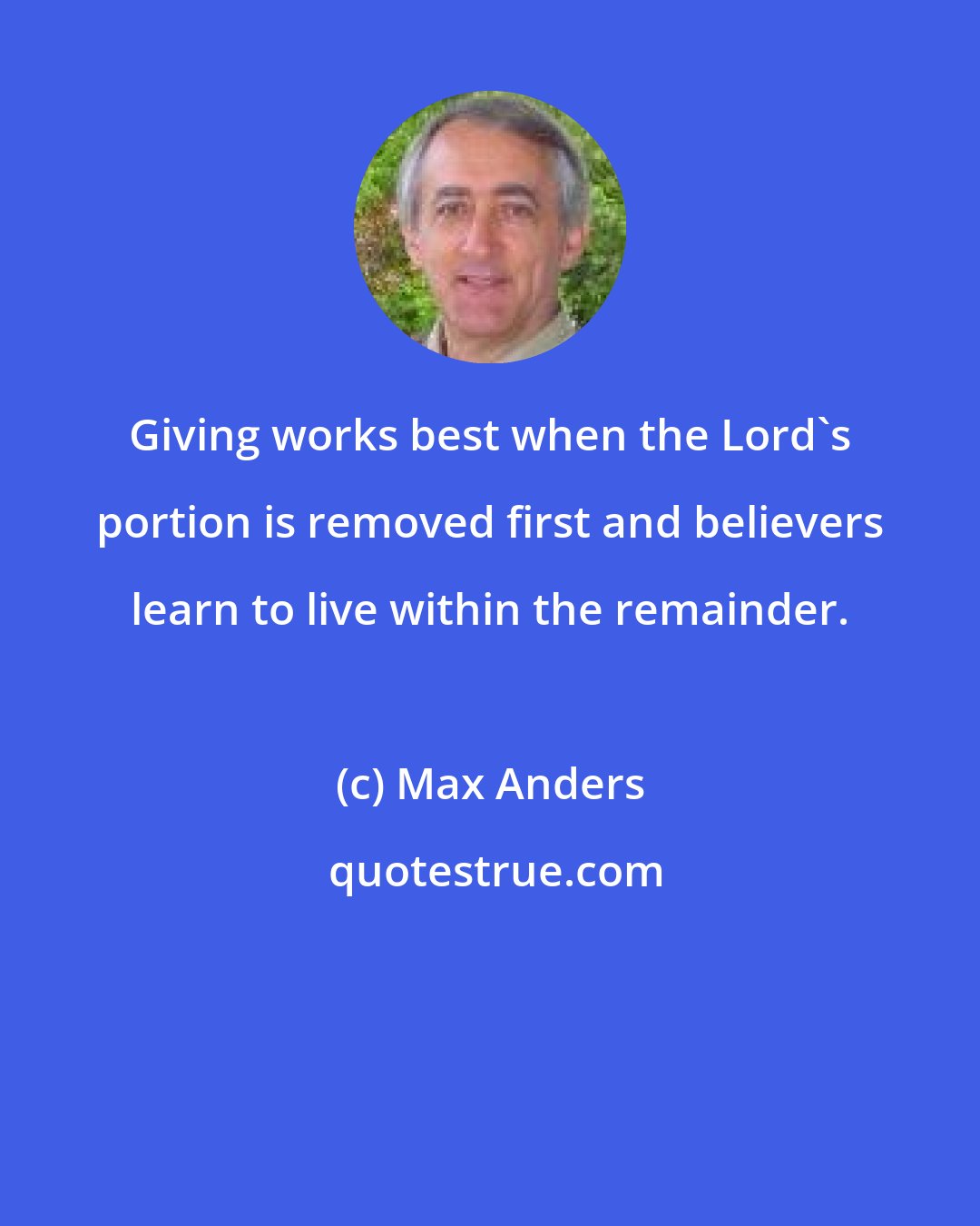 Max Anders: Giving works best when the Lord's portion is removed first and believers learn to live within the remainder.