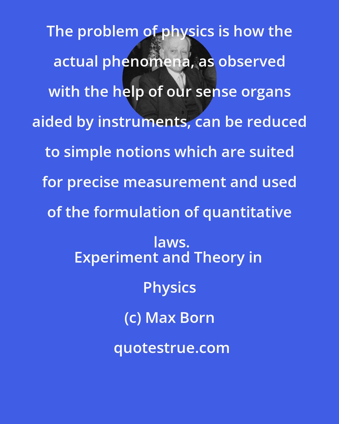 Max Born: The problem of physics is how the actual phenomena, as observed with the help of our sense organs aided by instruments, can be reduced to simple notions which are suited for precise measurement and used of the formulation of quantitative laws.
Experiment and Theory in Physics