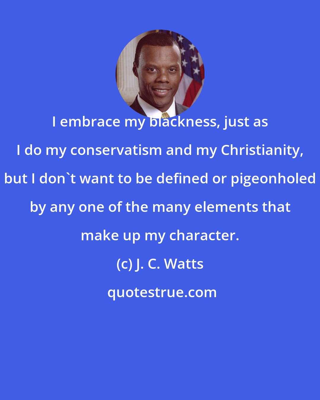 J. C. Watts: I embrace my blackness, just as I do my conservatism and my Christianity, but I don't want to be defined or pigeonholed by any one of the many elements that make up my character.