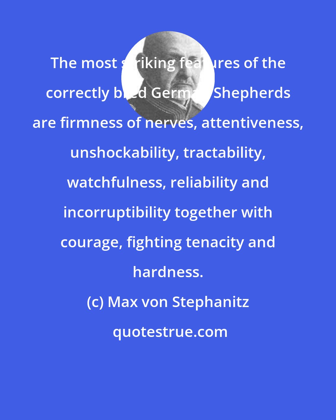 Max von Stephanitz: The most striking features of the correctly bred German Shepherds are firmness of nerves, attentiveness, unshockability, tractability, watchfulness, reliability and incorruptibility together with courage, fighting tenacity and hardness.