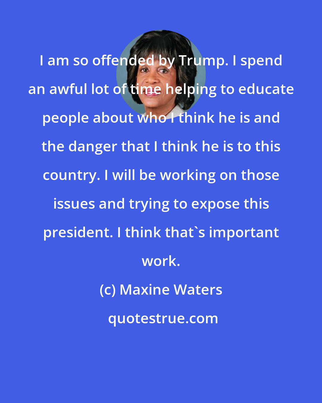 Maxine Waters: I am so offended by Trump. I spend an awful lot of time helping to educate people about who I think he is and the danger that I think he is to this country. I will be working on those issues and trying to expose this president. I think that's important work.